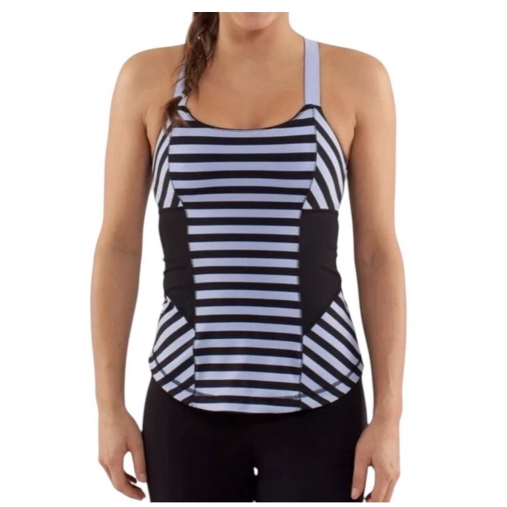Lululemon Sports Bra Tank Top Blue Black Striped Built-in Bra Athleisure Size 8